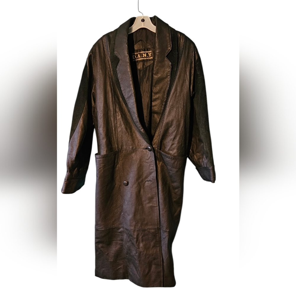 Black leather/suede vintage trench coat long